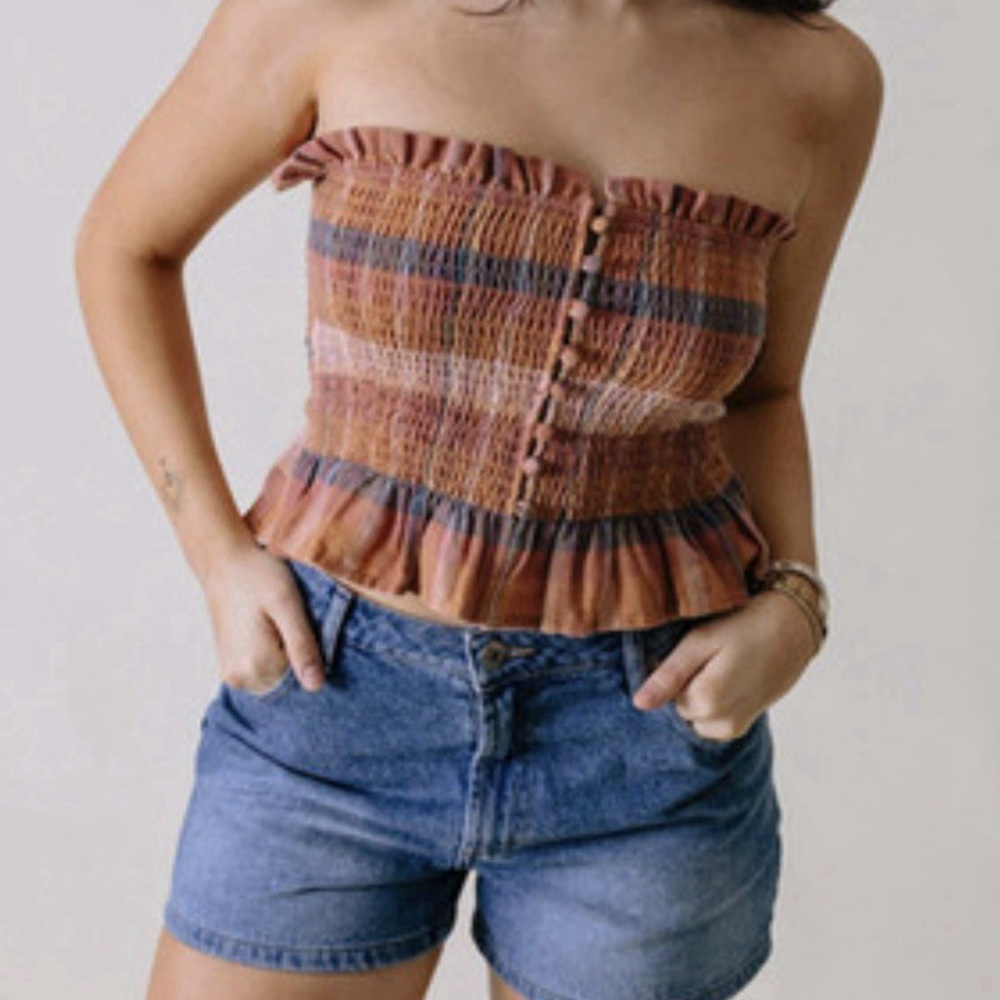 Sz M American Eagle smocked strapless tube top ruffled plaid linen warm tone